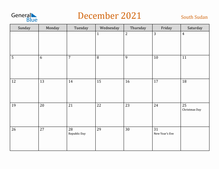 December 2021 Holiday Calendar with Sunday Start