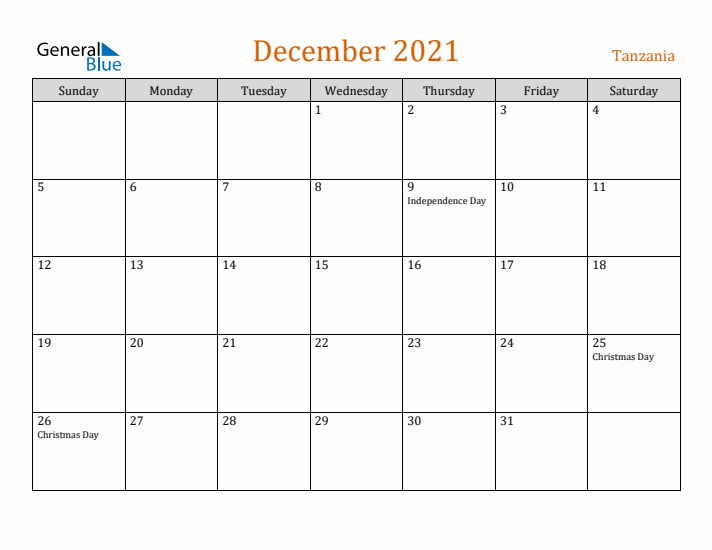 December 2021 Holiday Calendar with Sunday Start