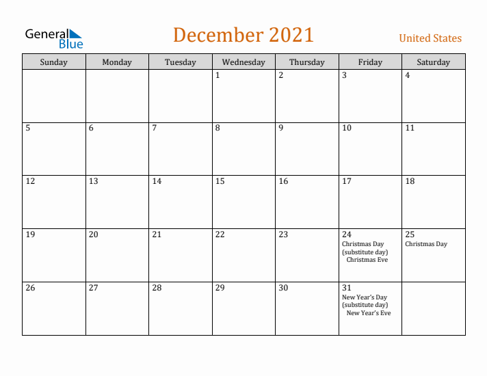 December 2021 Holiday Calendar with Sunday Start