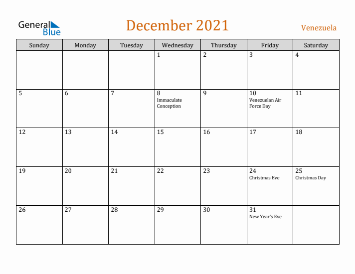 December 2021 Holiday Calendar with Sunday Start