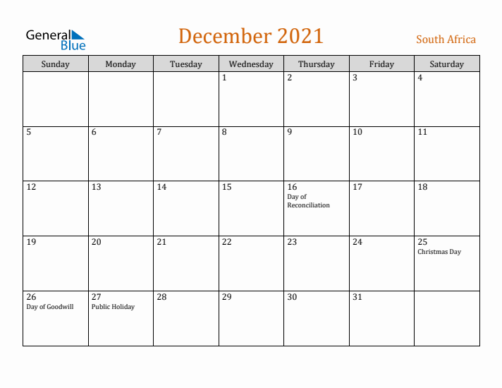 December 2021 Holiday Calendar with Sunday Start