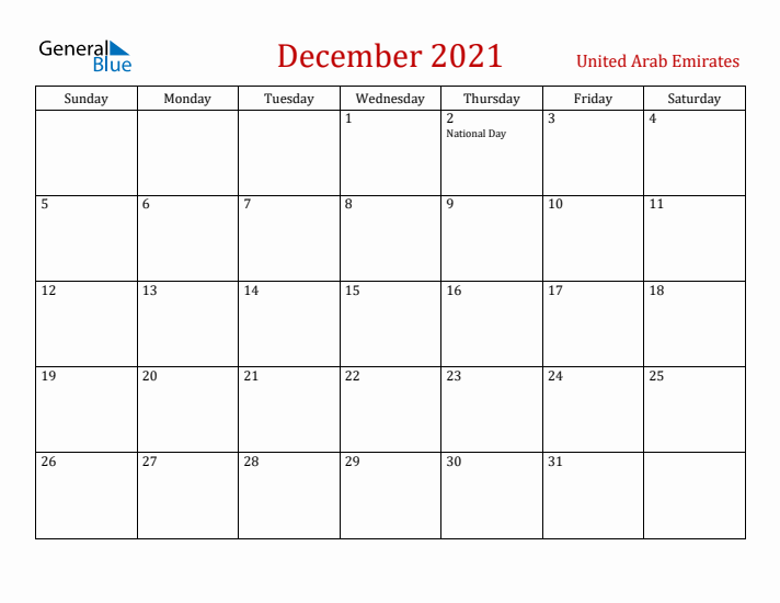 United Arab Emirates December 2021 Calendar - Sunday Start