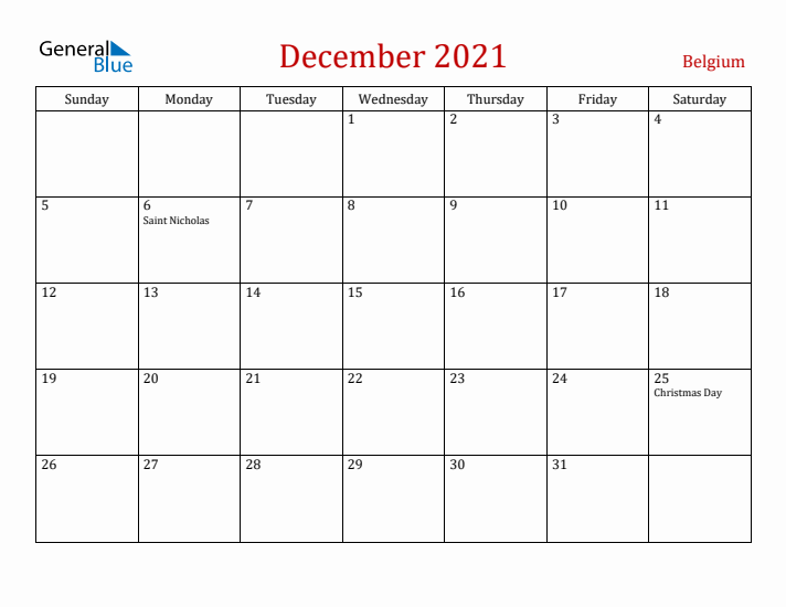 Belgium December 2021 Calendar - Sunday Start