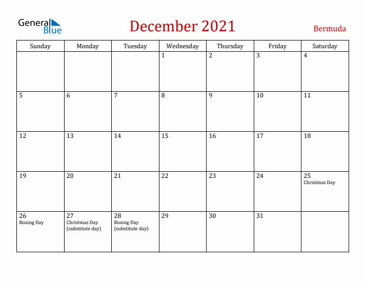 Bermuda December 2021 Calendar - Sunday Start