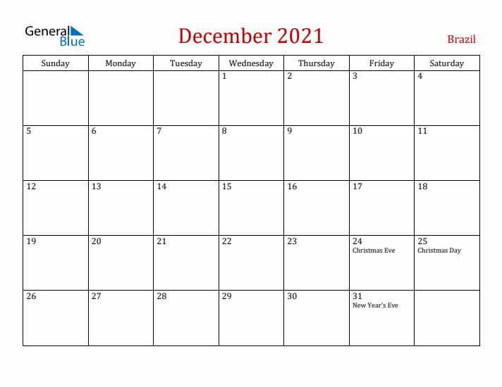 Brazil December 2021 Calendar - Sunday Start