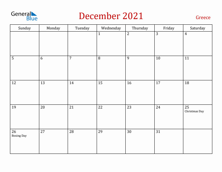 Greece December 2021 Calendar - Sunday Start