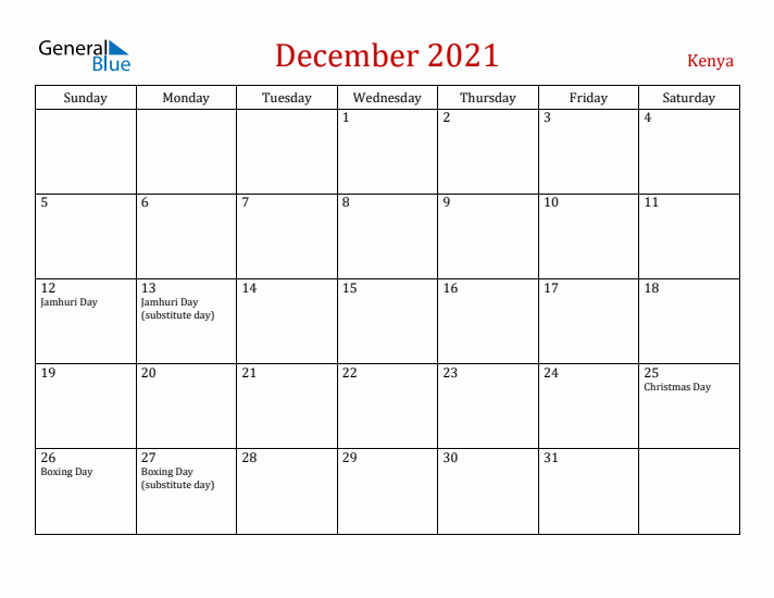 Kenya December 2021 Calendar - Sunday Start