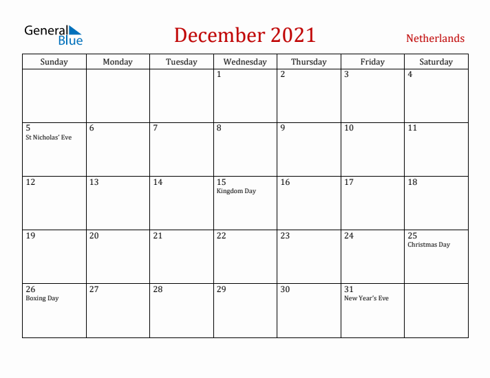 The Netherlands December 2021 Calendar - Sunday Start