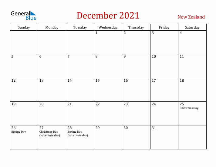 New Zealand December 2021 Calendar - Sunday Start