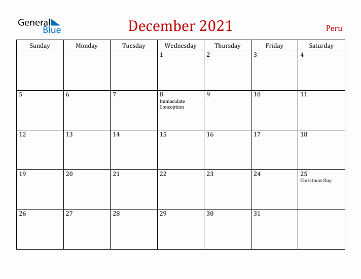 Peru December 2021 Calendar - Sunday Start