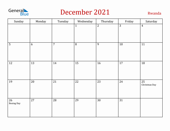 Rwanda December 2021 Calendar - Sunday Start