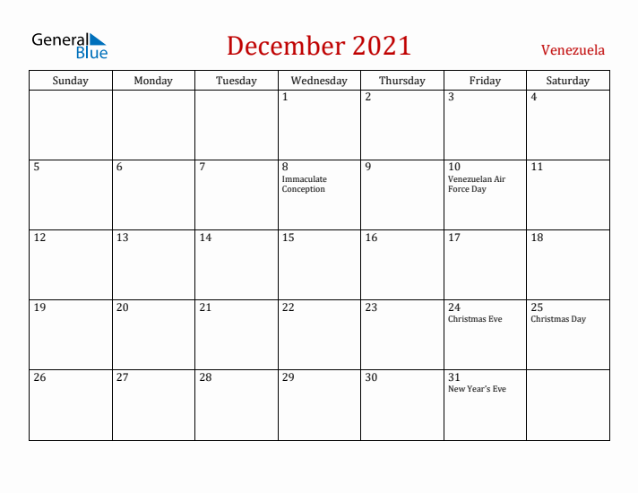 Venezuela December 2021 Calendar - Sunday Start