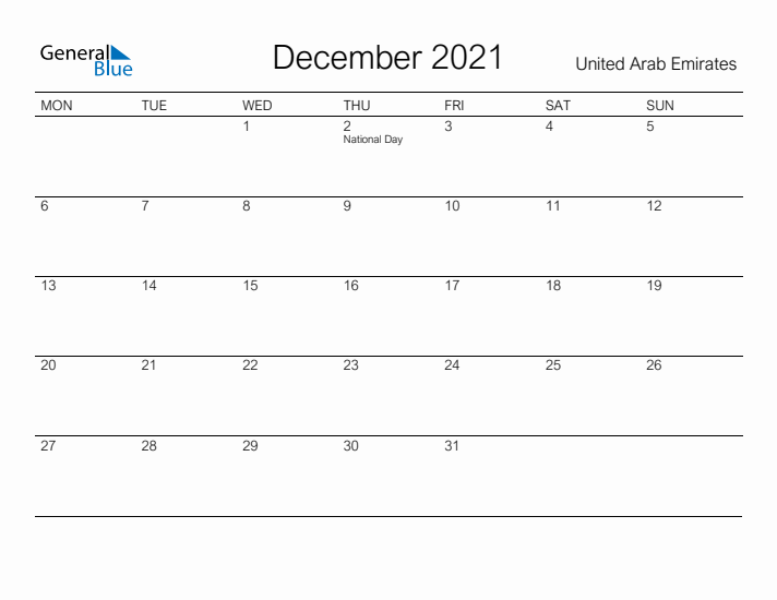 Printable December 2021 Calendar for United Arab Emirates