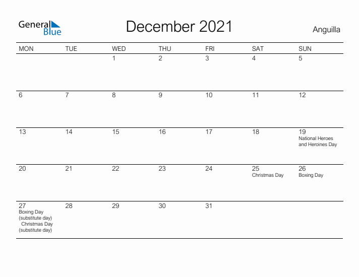 Printable December 2021 Calendar for Anguilla