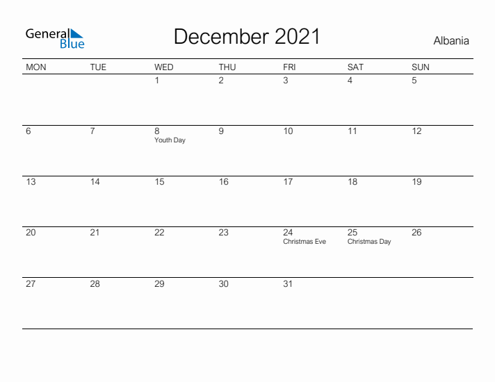 Printable December 2021 Calendar for Albania