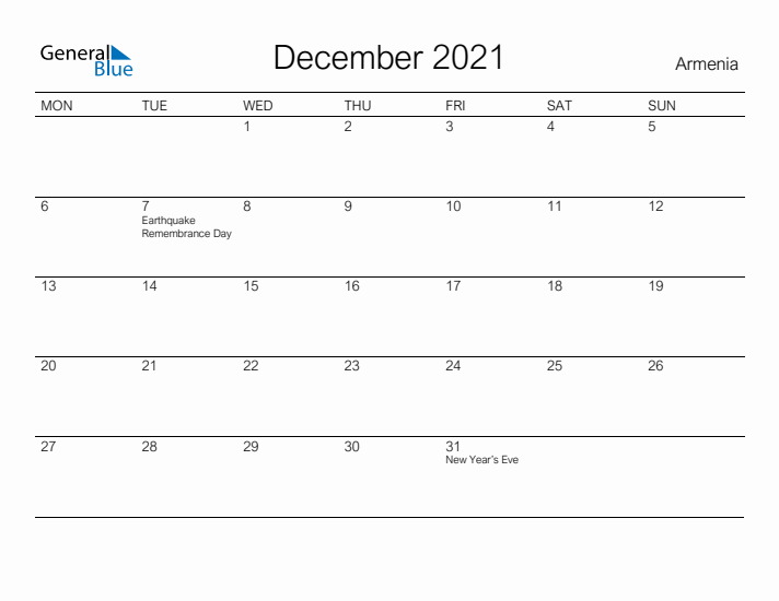 Printable December 2021 Calendar for Armenia