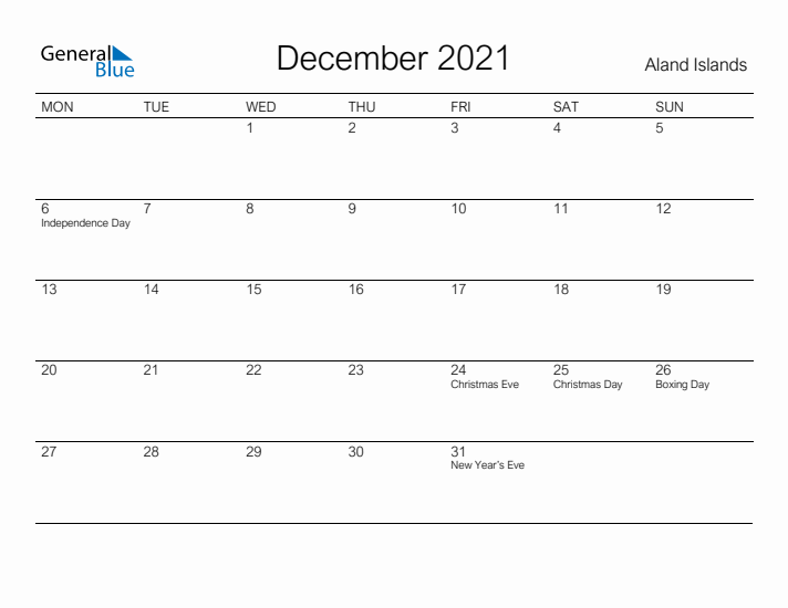 Printable December 2021 Calendar for Aland Islands