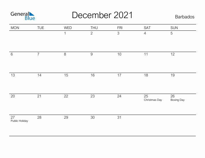 Printable December 2021 Calendar for Barbados