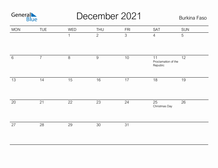 Printable December 2021 Calendar for Burkina Faso