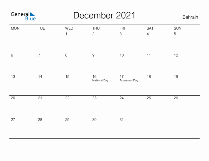 Printable December 2021 Calendar for Bahrain