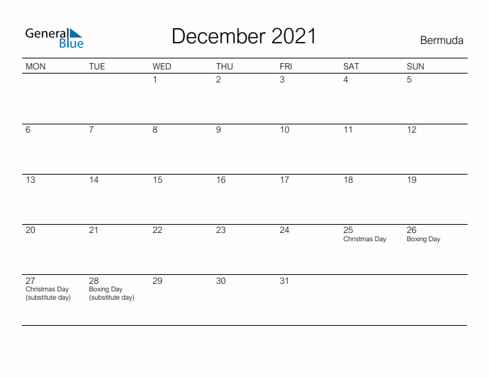 Printable December 2021 Calendar for Bermuda