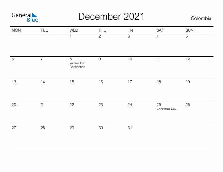 Printable December 2021 Calendar for Colombia