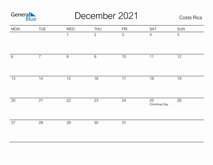 Printable December 2021 Calendar for Costa Rica