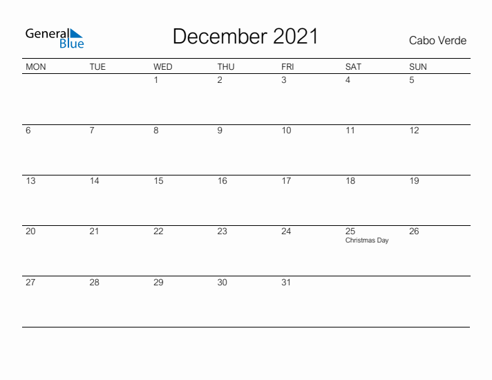 Printable December 2021 Calendar for Cabo Verde