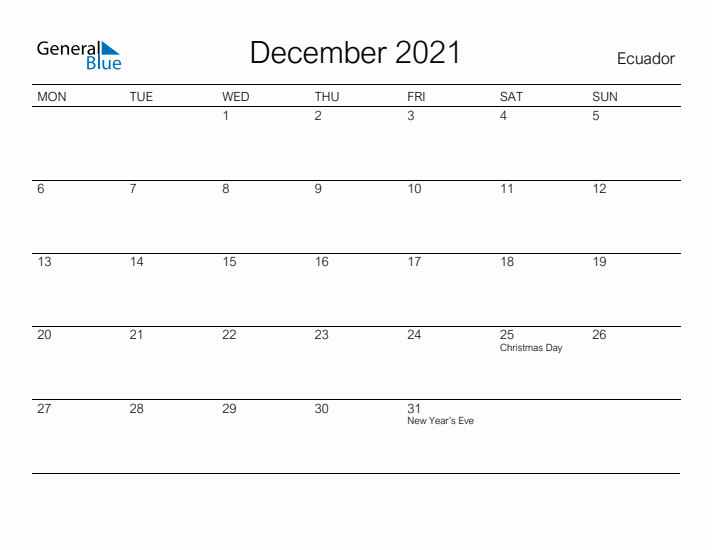 Printable December 2021 Calendar for Ecuador