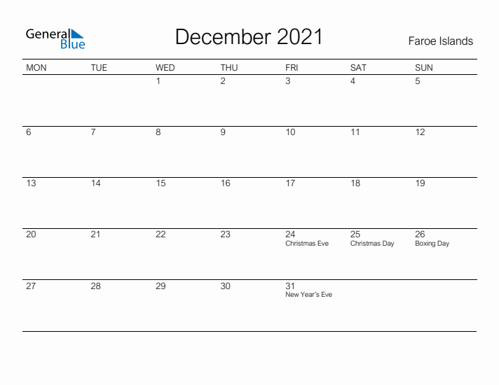 Printable December 2021 Calendar for Faroe Islands