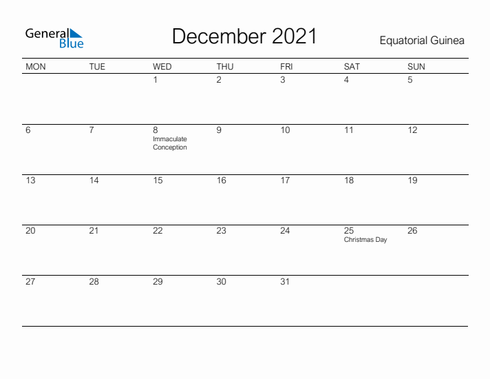 Printable December 2021 Calendar for Equatorial Guinea