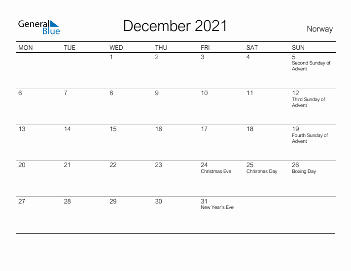 Printable December 2021 Calendar for Norway