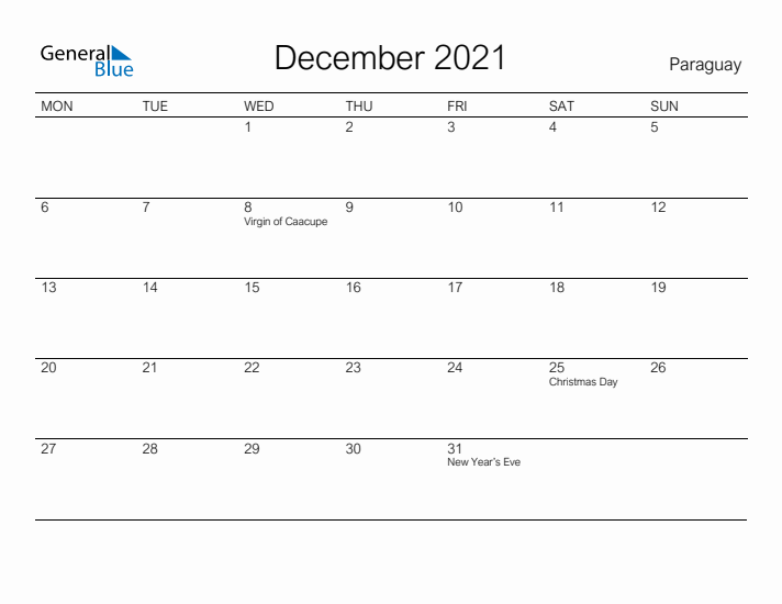 Printable December 2021 Calendar for Paraguay