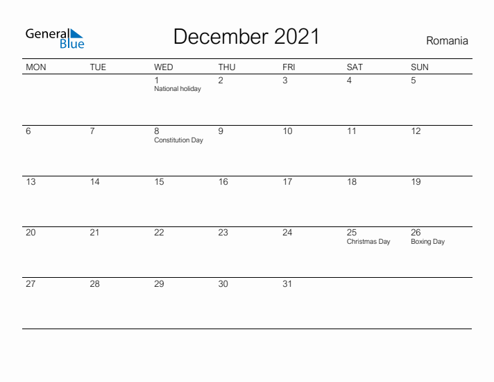 Printable December 2021 Calendar for Romania