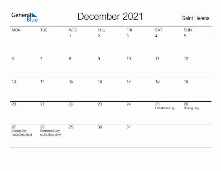 Printable December 2021 Calendar for Saint Helena