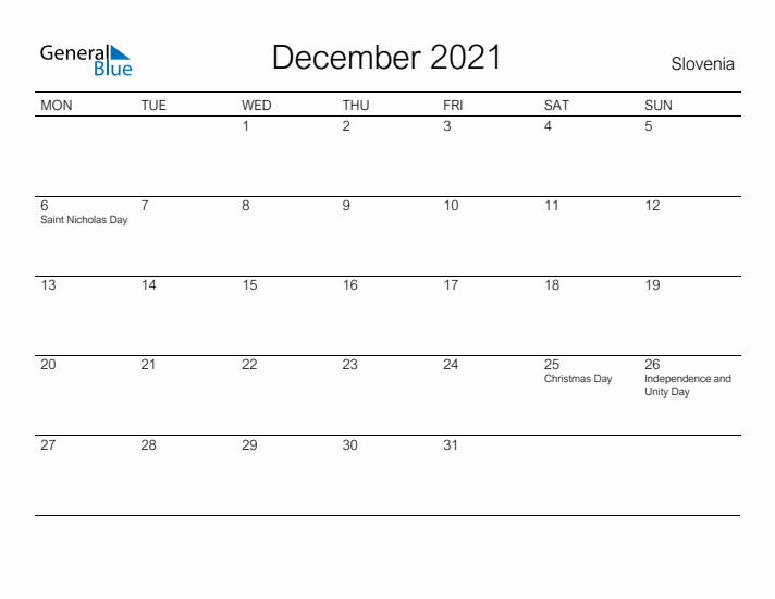 Printable December 2021 Calendar for Slovenia