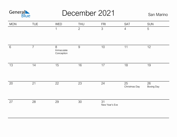 Printable December 2021 Calendar for San Marino