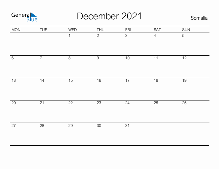 Printable December 2021 Calendar for Somalia