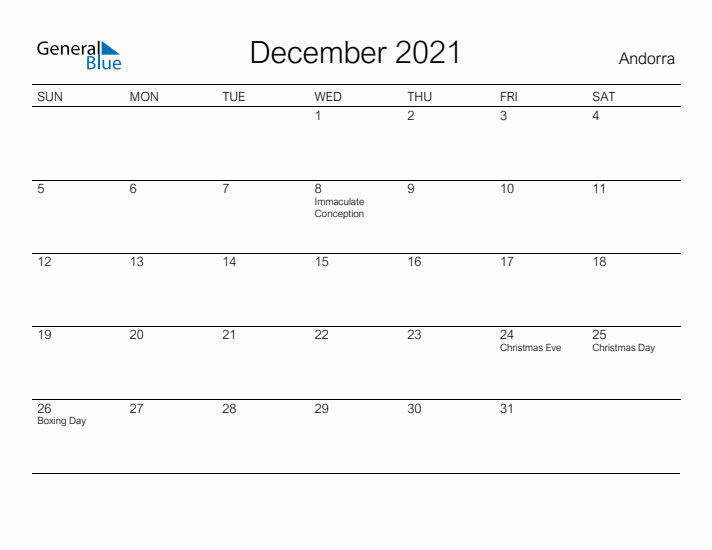 Printable December 2021 Calendar for Andorra