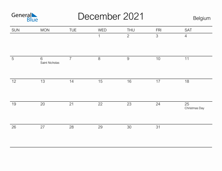 Printable December 2021 Calendar for Belgium