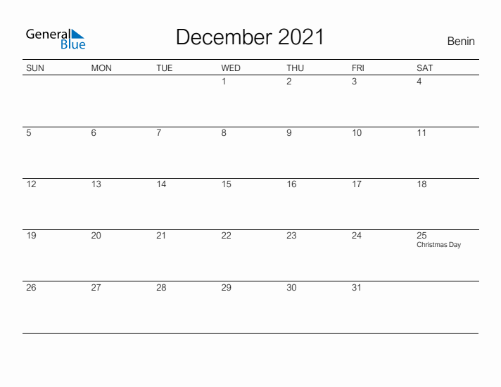 Printable December 2021 Calendar for Benin