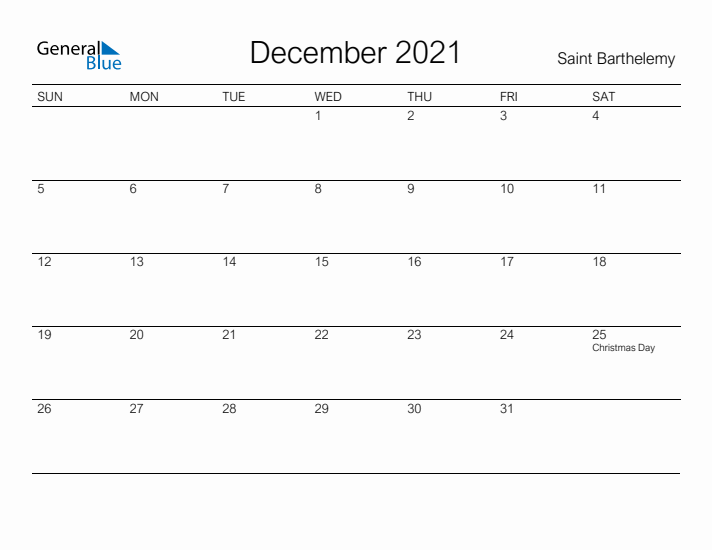 Printable December 2021 Calendar for Saint Barthelemy