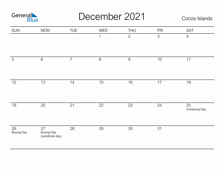 Printable December 2021 Calendar for Cocos Islands