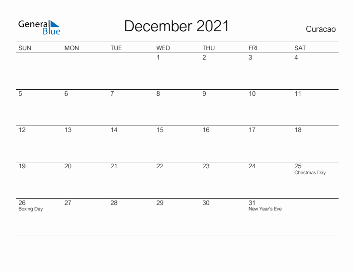 Printable December 2021 Calendar for Curacao