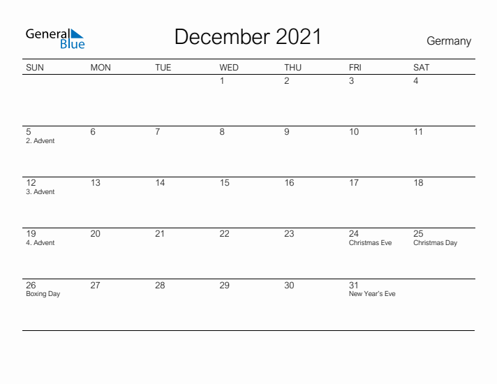 Printable December 2021 Calendar for Germany