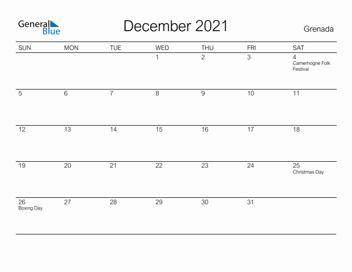 Printable December 2021 Calendar for Grenada