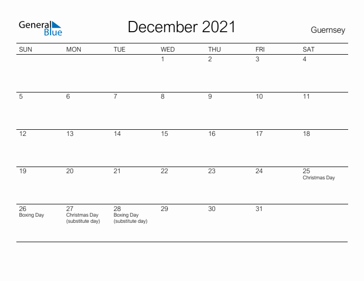 Printable December 2021 Calendar for Guernsey