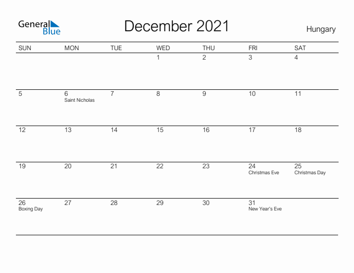 Printable December 2021 Calendar for Hungary