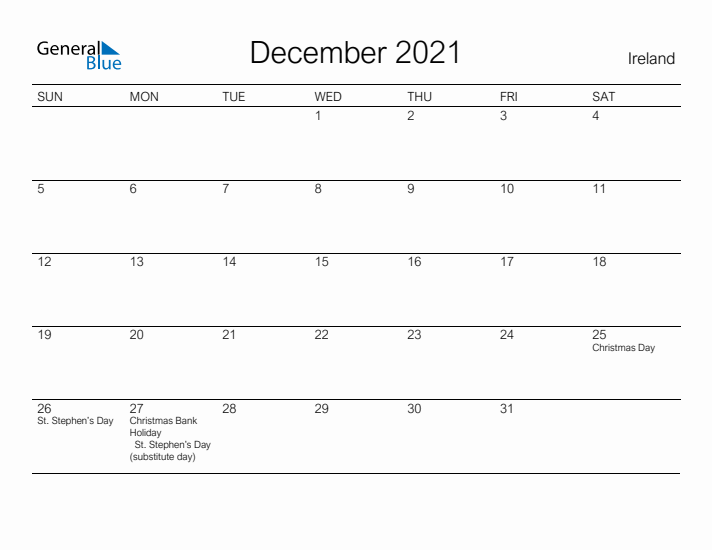 Printable December 2021 Calendar for Ireland