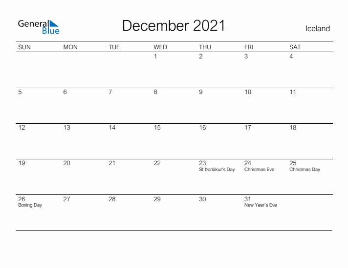 Printable December 2021 Calendar for Iceland